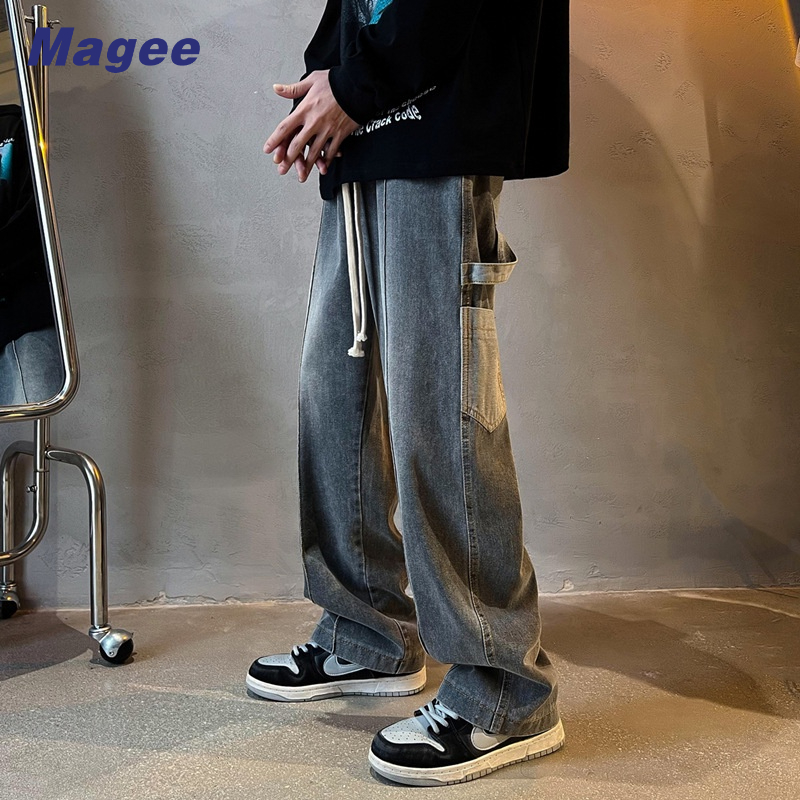 Magee Quần Yếm Jean Xám Khói Dáng Rộng Thẳng Ống Rộng Thời Trang Mùa Xuân retro niche Hợp Xu Hướng Cao Cấp Phù Hợp Với Nam