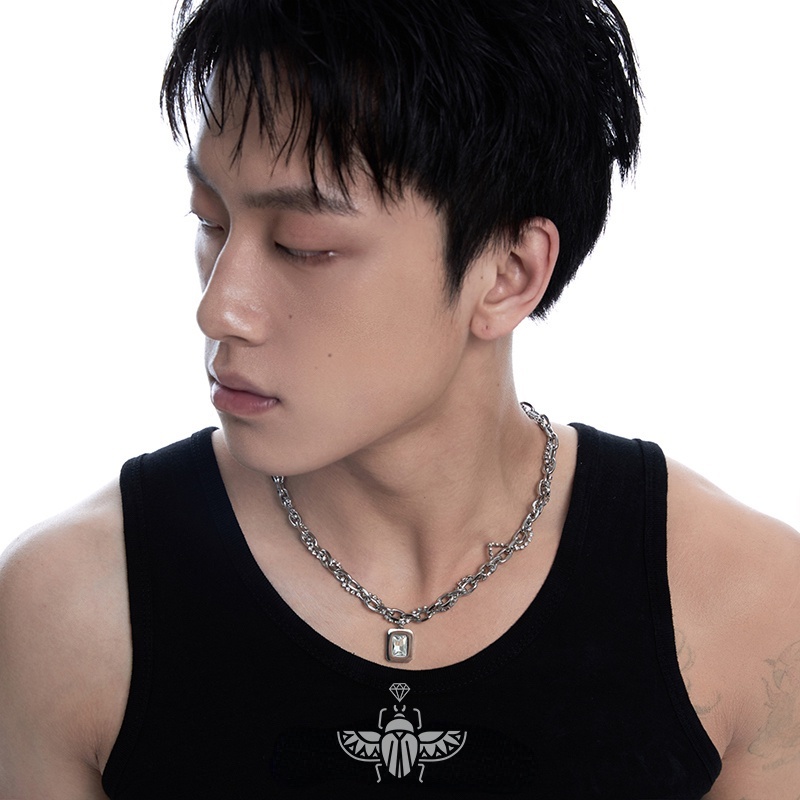 Vòng cổ Hai Lớp Bằng Thép Không Gỉ Mặt Vuông Đính Đá Thời Trang unisex