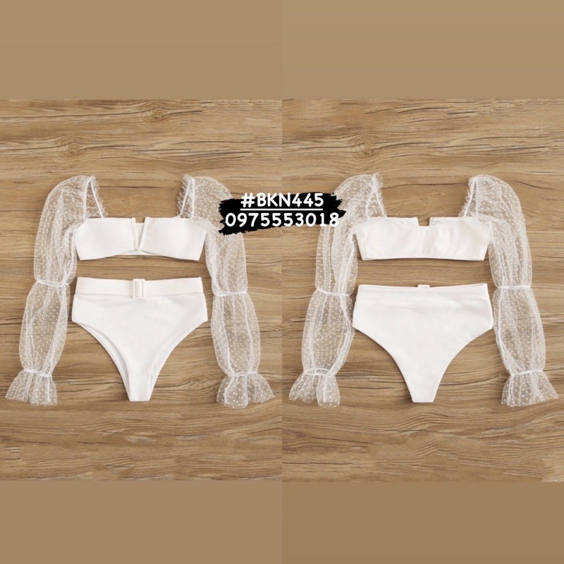 [BKN445] &lt;ÂU&gt; SET BIKINI TRẮNG TAY BỒNG VẢI GÂN KÈM BELT (CẠP CAO)