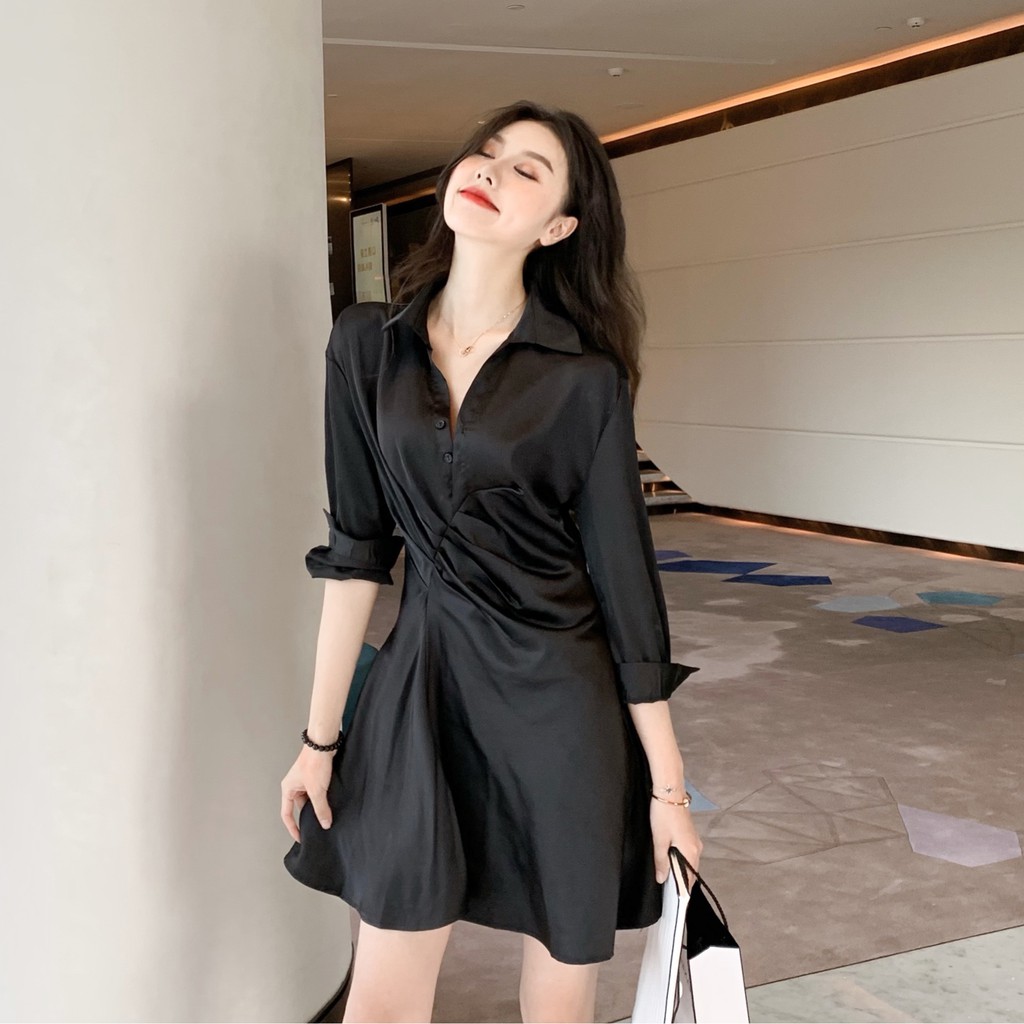 Đầm sơ mi nữ dáng a kiểu nhúng tay dài Emilyshop