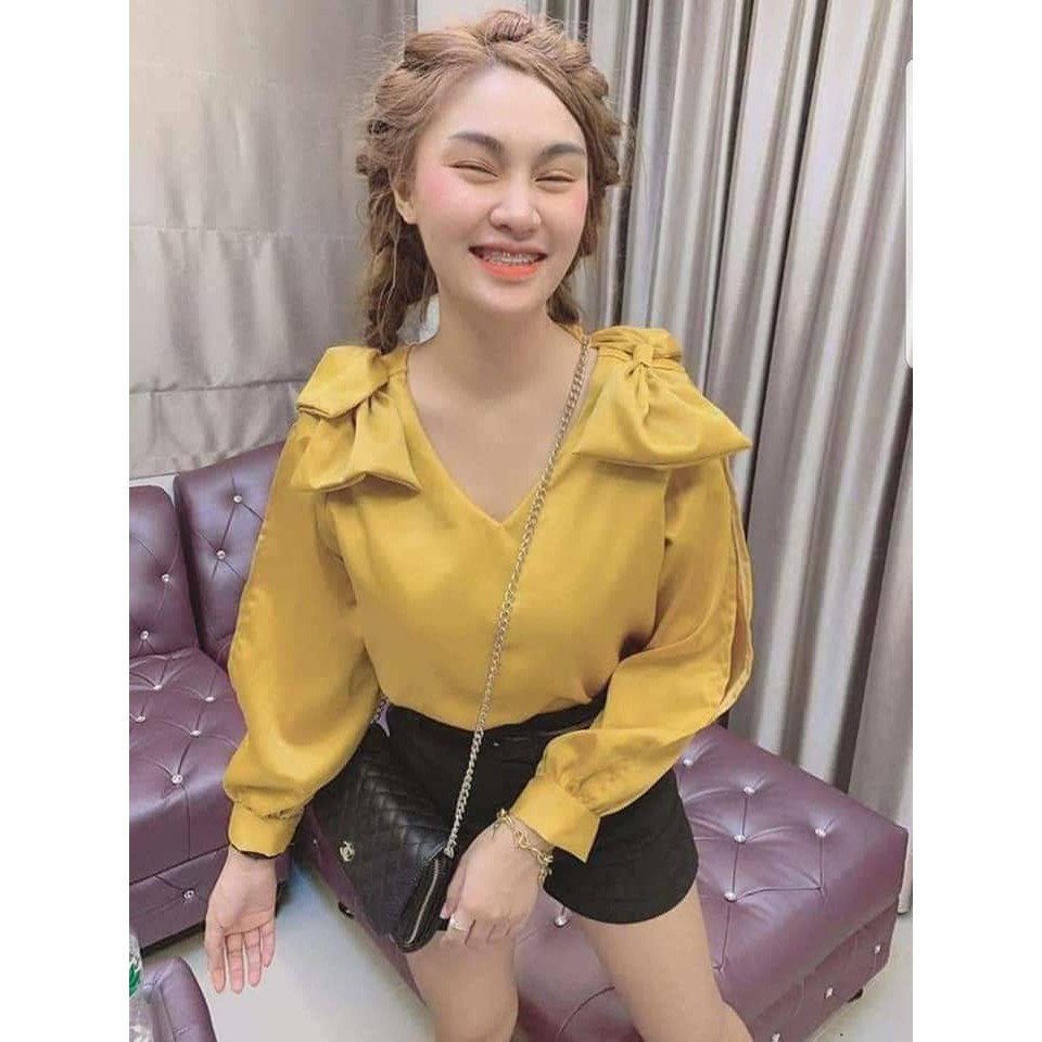 Áo Voan Kiểu Cổ V Tay Dài Phối Nơ Hai Vai Mẫu Mới Nữ Tính TTSL0146