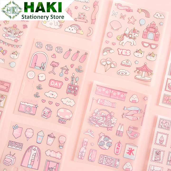 Sticker cute hoạt hình dễ thương HAKI, hình dán cute 4 sticker chống thấm nước trang trí sổ đáng yêu giá rẻ ST27