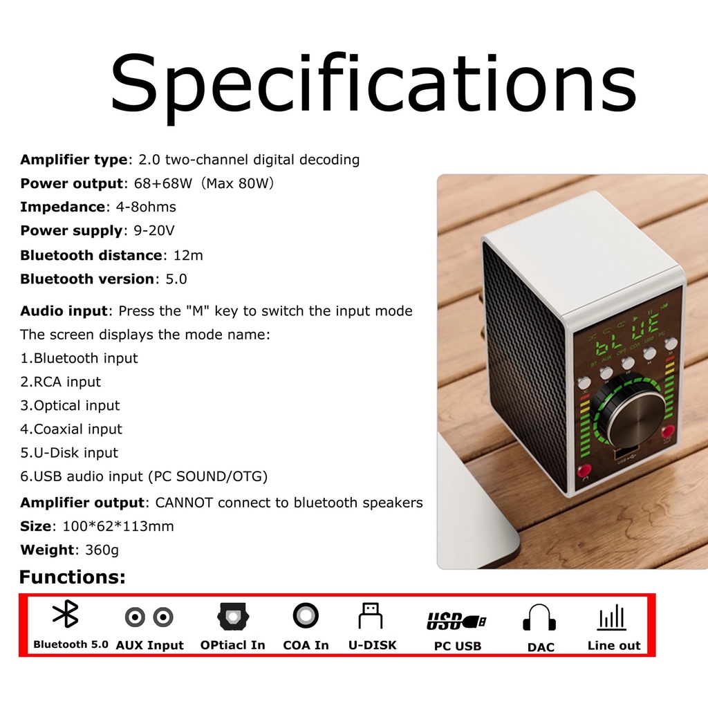 Bộ Khuếch Đại Âm Thanh HiFi Bluetooth 5.0 Ma12070 68W * 2 Mini Cổng USB / RCA / OPT / COA In Và Phụ Kiện