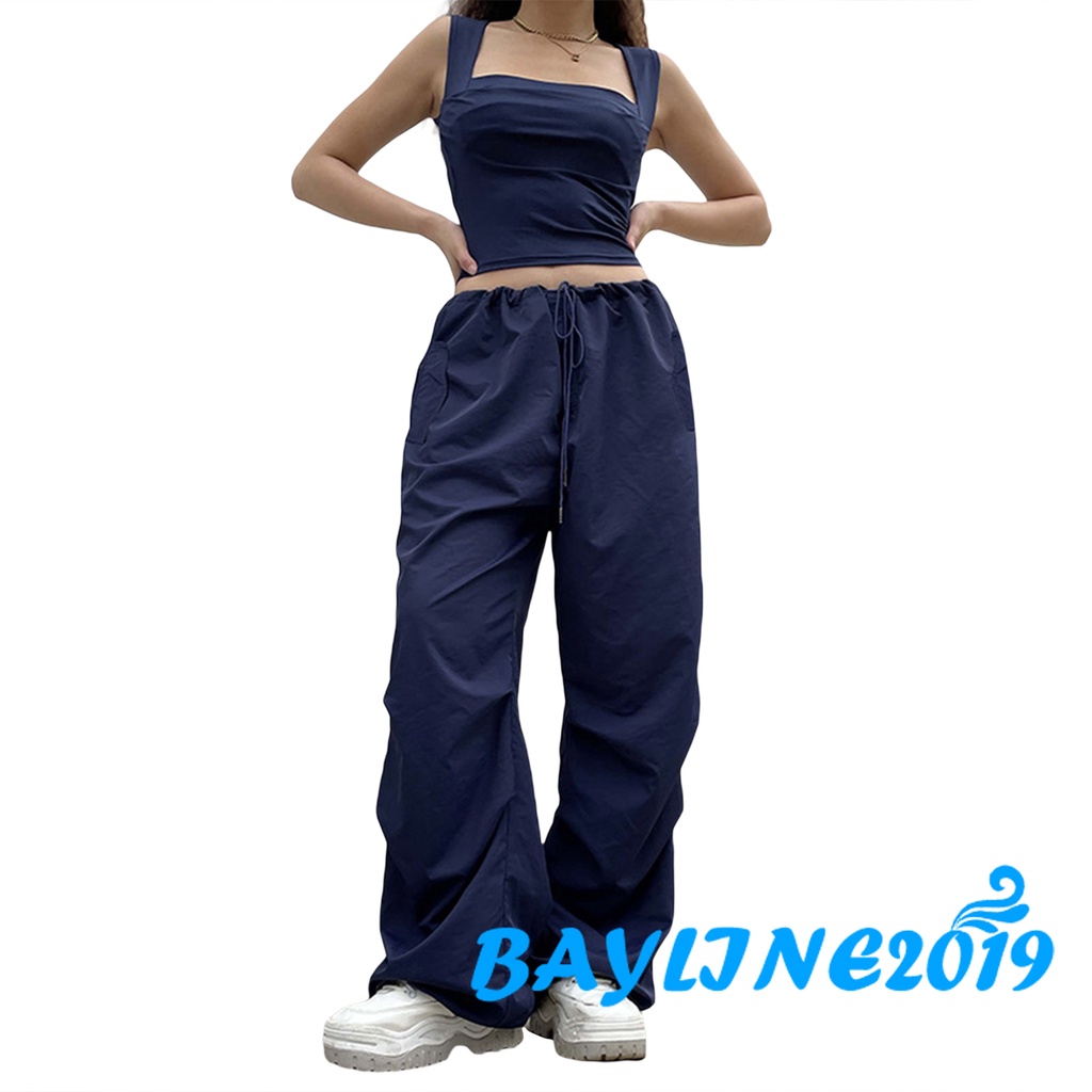 Quần ống rộng Lưng Thun Phối Dây Rút Co Giãn Màu Trơn Phong Cách Đường Phố Y2K Dành Cho Nữ