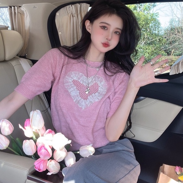 Áo dệt kim ZHELIHANGFEI tay ngắn dáng rộng thêu hình trái tim thiết kế khoét rỗng dành cho nữ