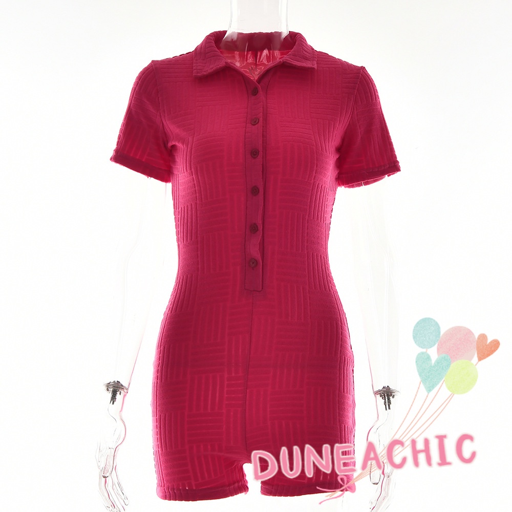 DUNEA Bộ Áo Liền Quần Cổ Polo Màu Trơn Phối Nút Xinh Xắn Cho Nữ