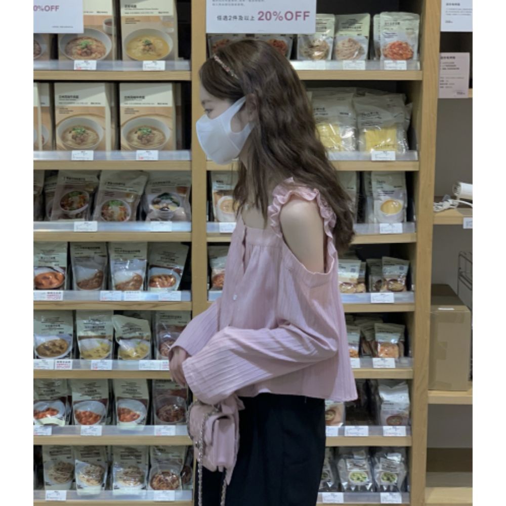 Áo Kiểu Trễ Vai Tay Dài Phối Bèo Màu Hồng Phong Cách Hàn Quốc Thời Trang Mùa Thu Mới Cho Nữ