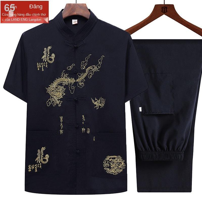Bộ đồ nam Tang, nam, kiểu Trung Quốc ngắn tay, người niên và cao tuổi, cha gầy mùa hè, Hanfu, quần áo ông nộiE