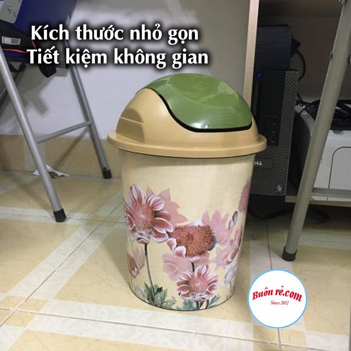 Thùng rác nắp lật tròn bé in hoa nhựa Việt Nhật, sọt rác văn phòng, nhà bếp, phòng tắm cao cấp bền đẹp (MS:5313)-br01259