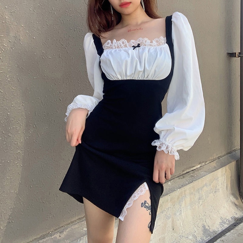 Đầm cổ vuông tay phồng màu trắng đen phong cách Pháp thời trang thu đông cho nữ 2
