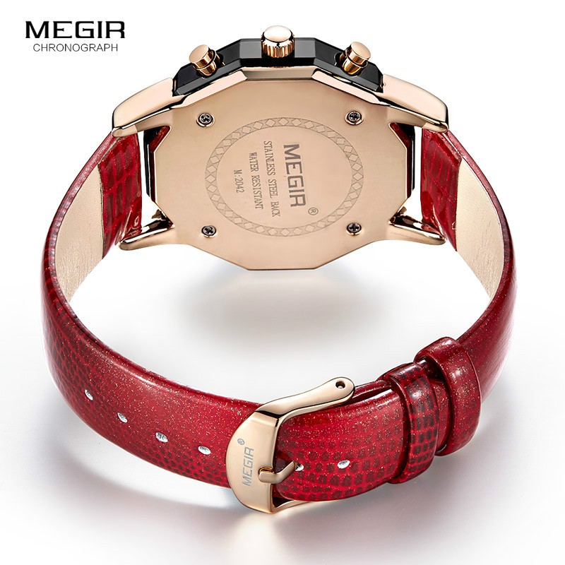 Fashionable Quartz Watches Megir 2042 Women Luxury Chronograph Wrist Watches Red Ladies Wristwatch Genuine Leather Strap Female
