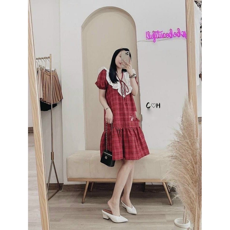 Đầm Bầu Thiết Kế Váy Bầu đẹp kẻ đỏ phối trắng Full size S/M/L