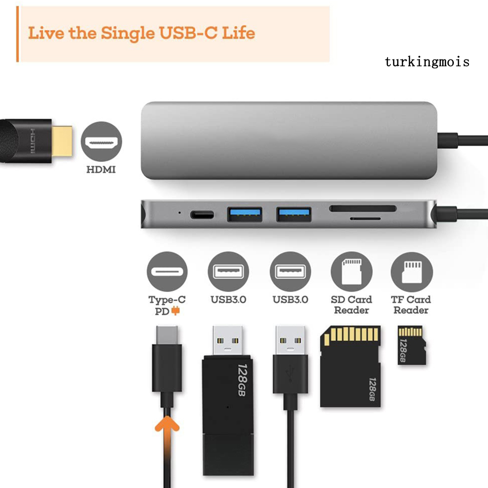 TSP_6 in 1 USB 4K HDMI-compatible Multiport Card Reader Hub for MacBook Laptop Type C Devices