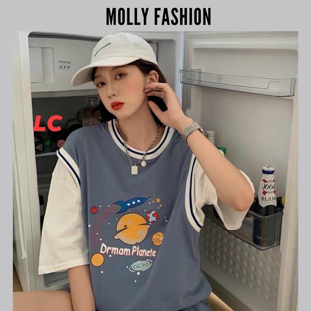 Áo thun tay lỡ Unisex form rộng Bóng rổ phối tay DRMAM PLANETE Freesize dành cho nam nữ Molly Fashion