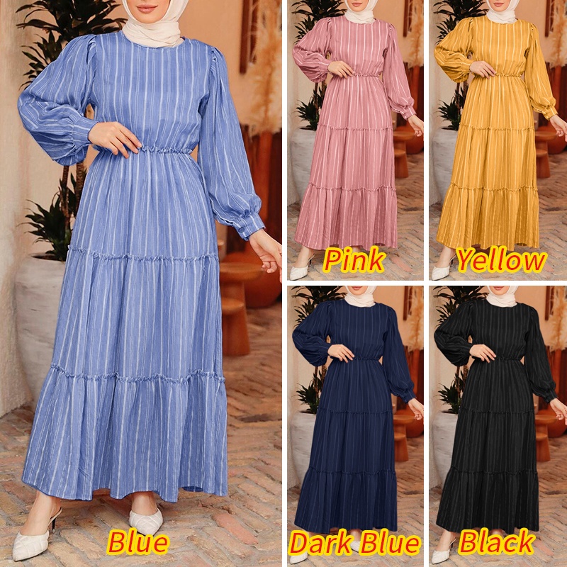 Zanzea Đầm Dài Tay Phồng Họa Tiết Sọc Thời Trang Dành Cho Nữ