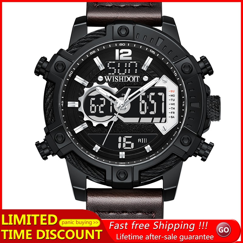 【Official product】WISHDOIT Men's Multifunction  Chronograph Dual display watch Europe and America Tough guy style Industrial style Sport swimming Quartz watches Calendar Luminous function Casual watch Personalized fashion trend watches