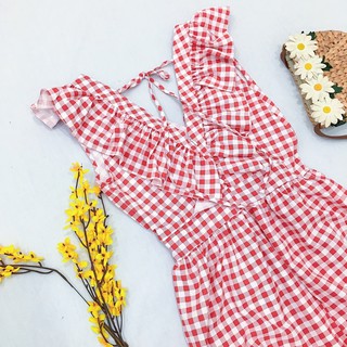 Đầm váy maxi caro đỏ phối bèo (kèm hình thật)