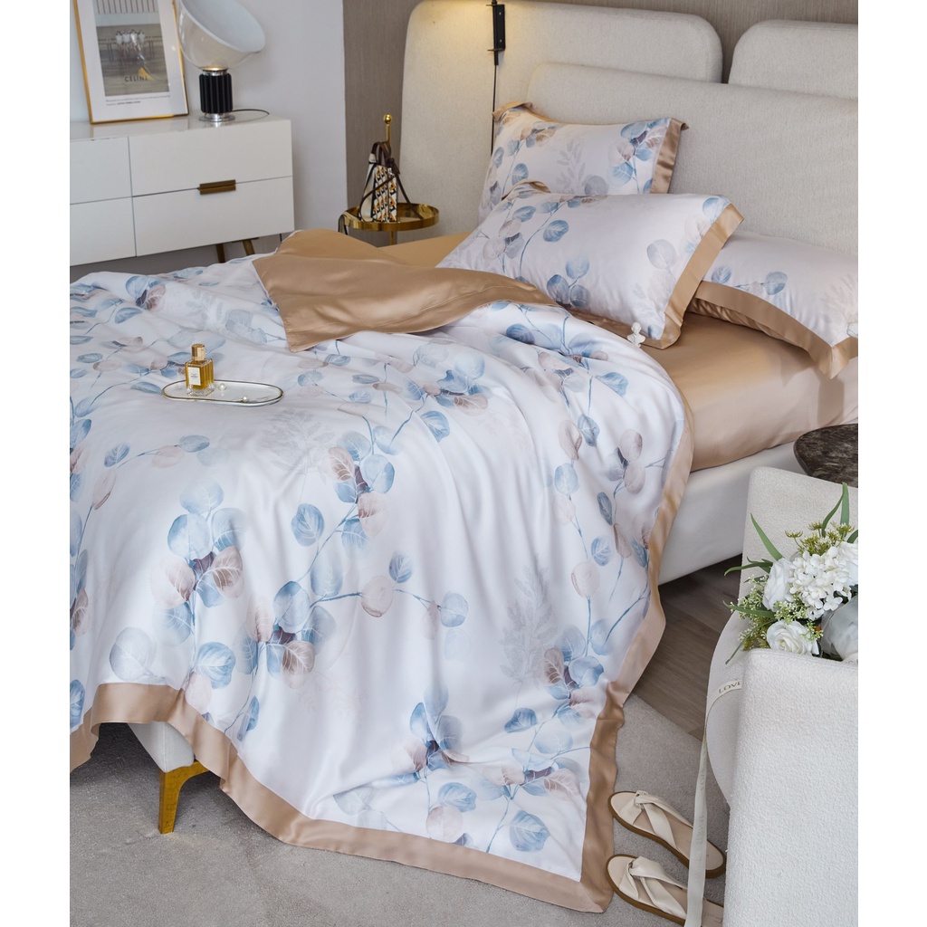 Bộ chăn ga gối cao cấp 100%Tencel 100s họa tiết Eucalyptus mang sức sống mãnh liệt, Chất liệu siêu mềm mát