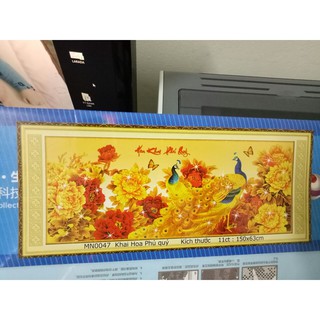 tranh thêu chữ thập hoa khai phú quý kt 150x63cm
