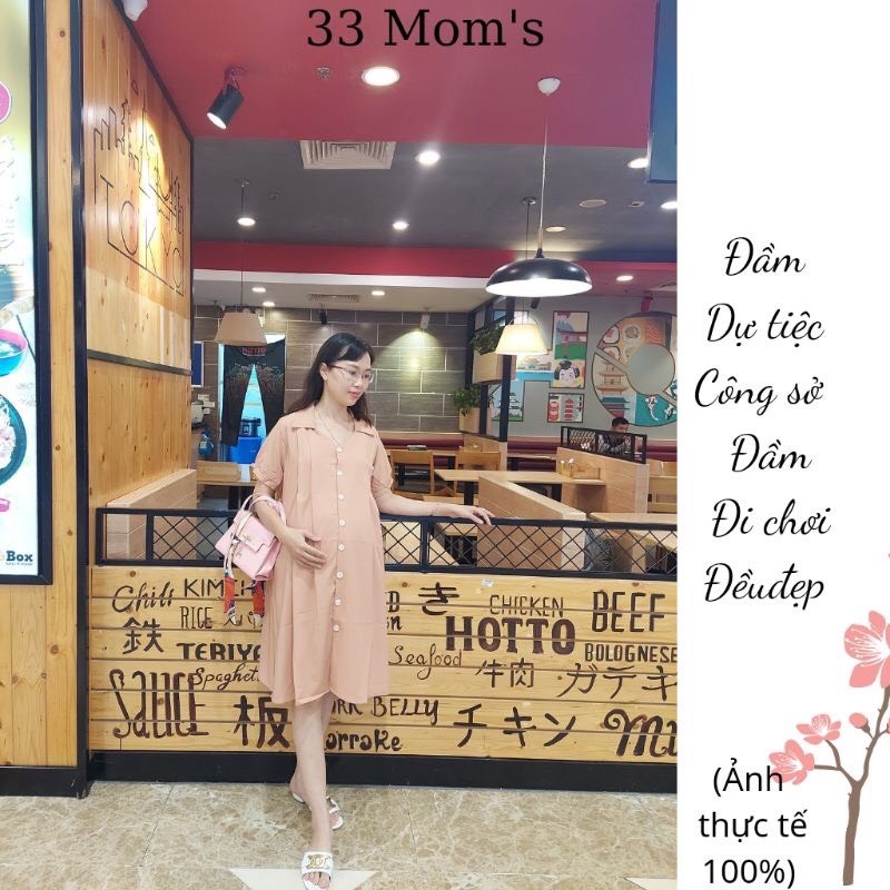 Váy Bầu kiểu sơ mi,ảnh thật cận chất -3 màu siêu xinh-chất đũi thấm hút mồ hôi-mặc đi làm ,đi chơi- freesize 43-68kg