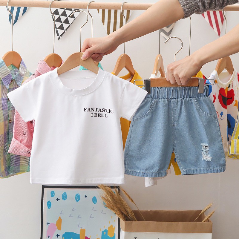 8-19kg Set áo phông khủng long + quần bò cho bé trai cực chất