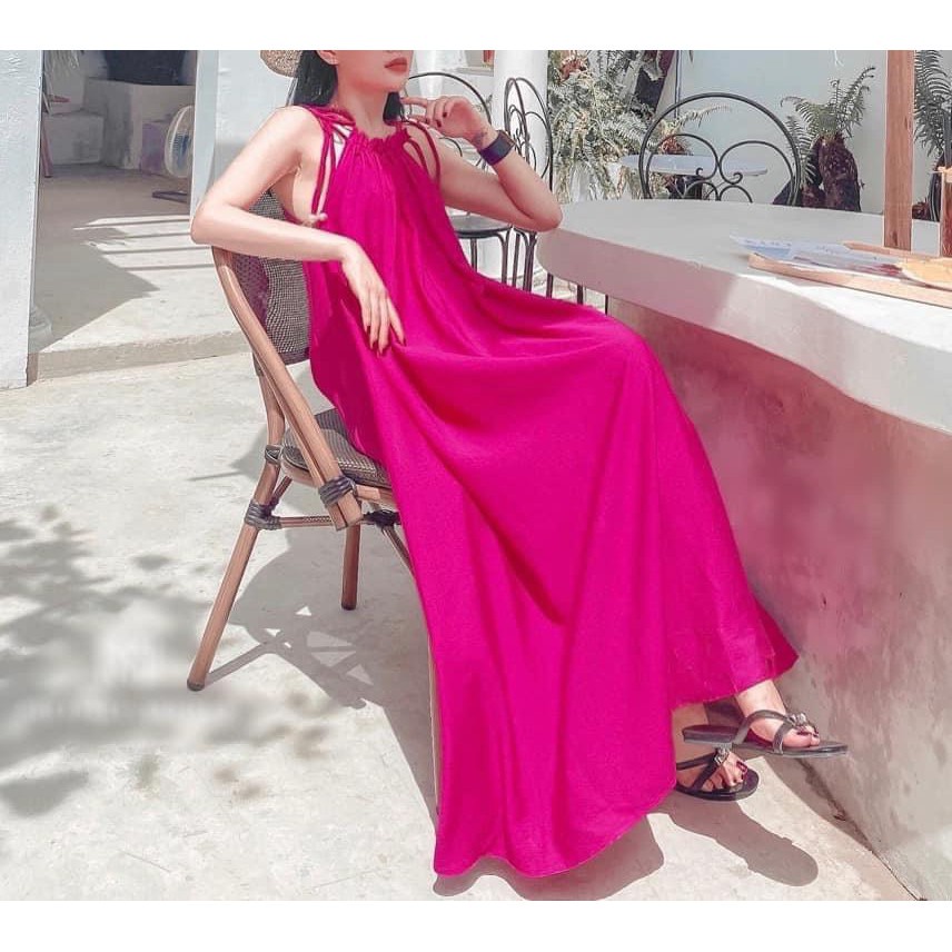 Đầm maxi xòe 2 dây cổ yếm buộc nơ form suông