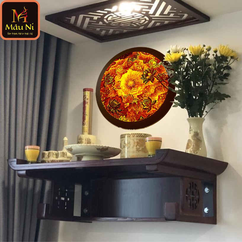 ĐÈN THỜ Tranh trúc chỉ in MÂU NI 198, đk 50cm, Sen qui tâm, (thích hợp đặt giữa bàn thờ, tượng thờ cao 35cm đến 55cm)