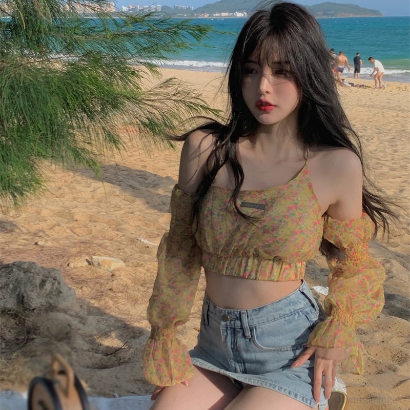 Áo Trễ Vai Dài Tay In Họa Tiết Hoa Thanh Lịch Dành Cho Nữ