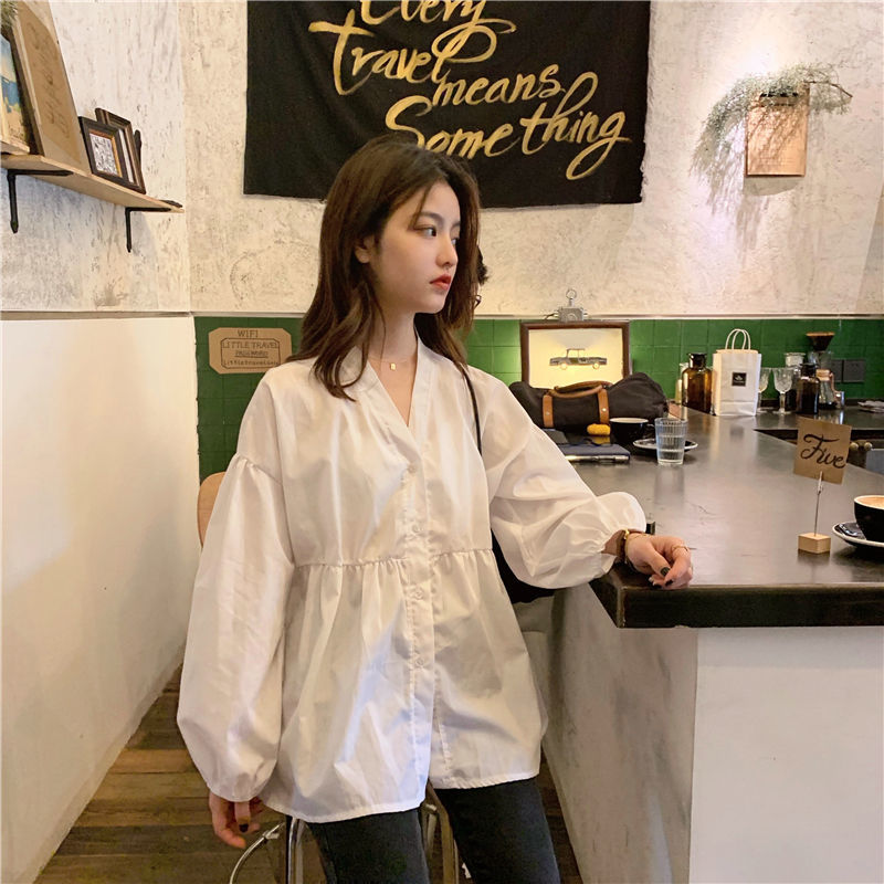 Spring 2021 New Korean Style, Simple and Versatile, Bubble Sleeve Shirt, Long Sleeve Shirt, Girl Student Loose Shirt[delivery Within 5 Days]