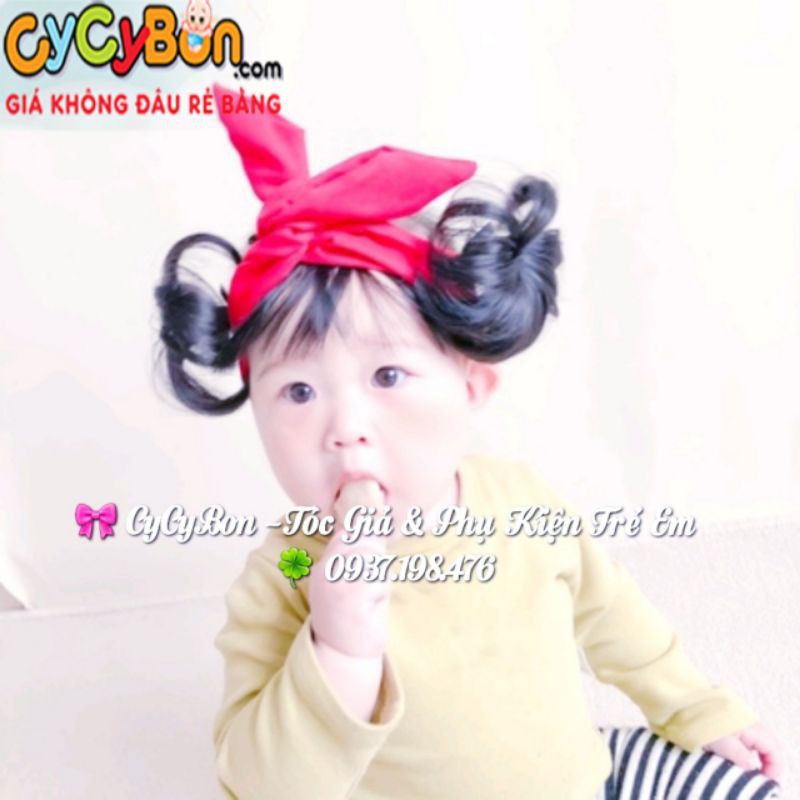 Băng Đô Turban Tóc Giả Cho Bé Gái Nơ Đỏ Quấn - Kèm Mái và Búi Tóc 2 Bên !