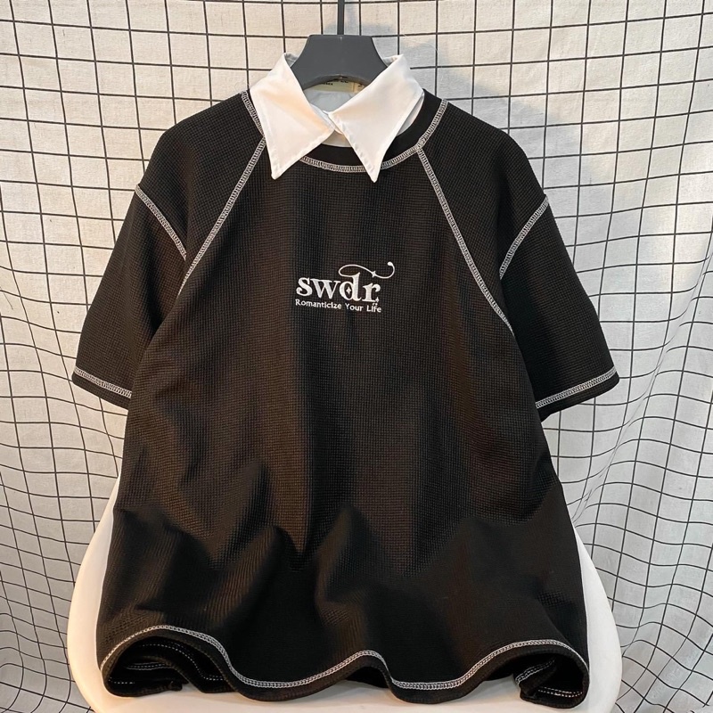 Áo Thun Tay Lỡ Phối cổ sơmi ROMAN màu ĐEN/XÁM  /Nam nữ unisex/ Áo polo cổ tròn form rộng Jaystoree