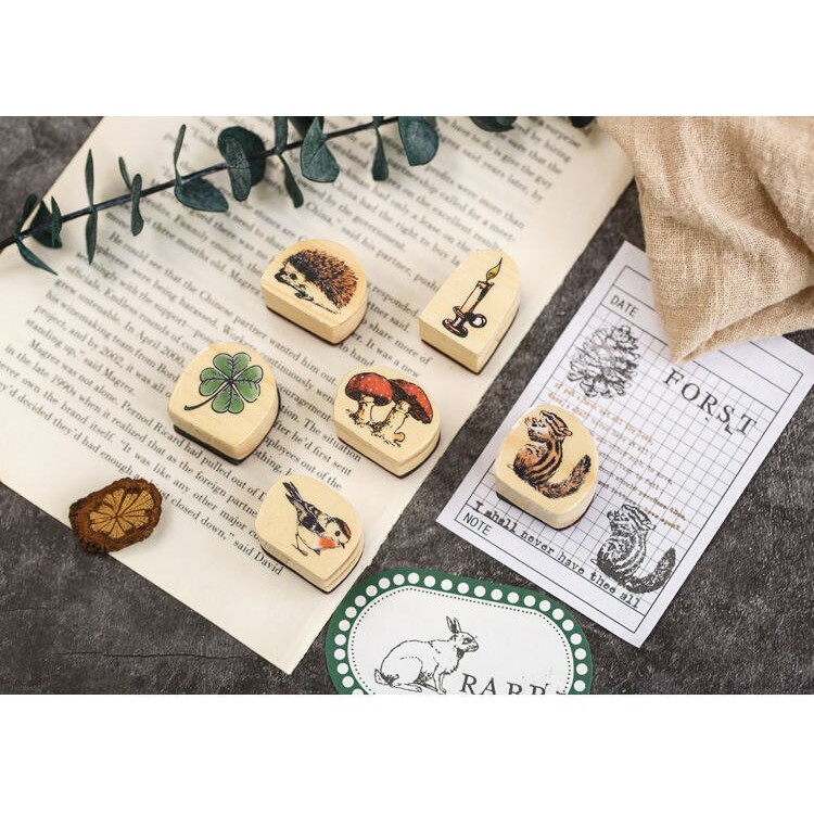 Xả hàng Con dấu gỗ chủ đề khu rừng nhỏ trang trí sổ dễ thương vintage Hoa lá cây cối động vật