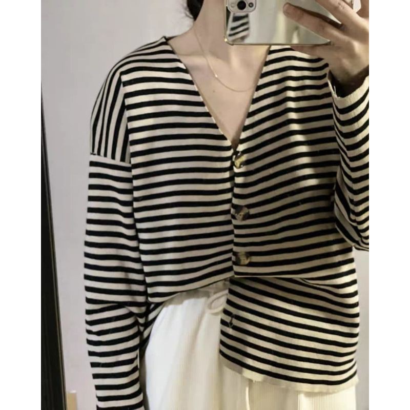 (Hình thật) Áo khoác Cardigan sọc ngang màu nâu nhạt Jennie Hyuna | BigBuy360 - bigbuy360.vn