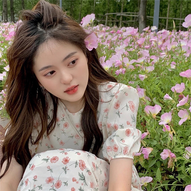 Đầm hoa nhí hồng dáng dài body tay ngắn ulzzang thời trang Hàn Quốc đu ido PlackPink