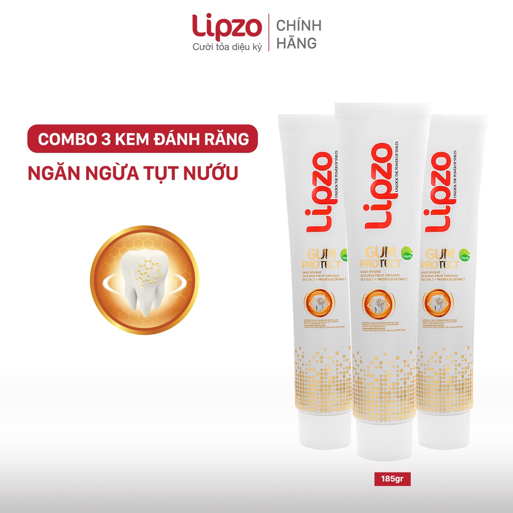 Combo 3 Kem Đánh Răng Lipzo Gum Protect 185Gr Chống Tụt Nướu, Ngăn Ngừa Chảy Máu Chân Răng, Ngừa Khuẩn