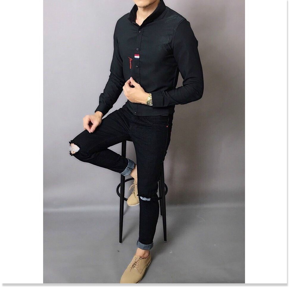 Áo Sơ Mi Nam Cao Cấp Đen Trơn Phong Cách Công Sở Lịch Lãm HP
