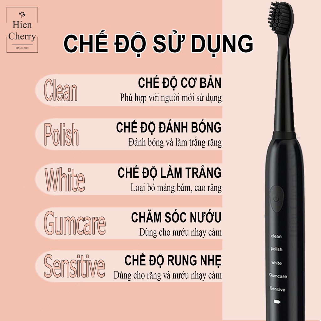 Bàn chải đánh răng, Bàn chải điện công nghệ rung sóng âm cao cấp tặng kèm 4 đầu bàn chải