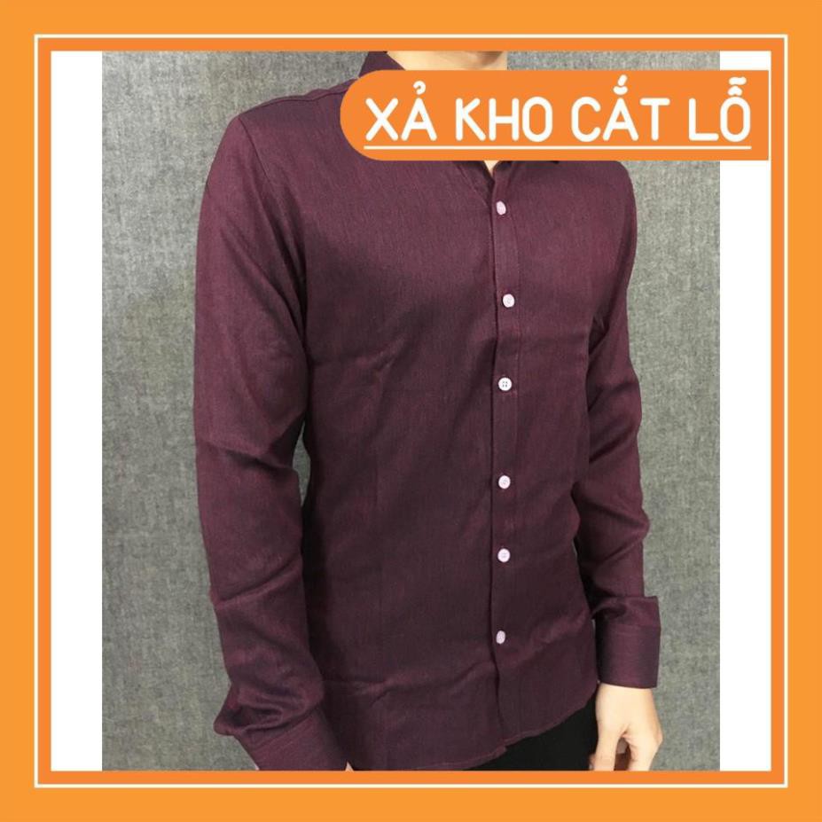 Sơ mi nam dài tay giả vải bò, chất cotton pha lụa co dãn 4 chiều, mịn mát, form body ôm dáng màu Đỏ đô- 4 MÀU freeship