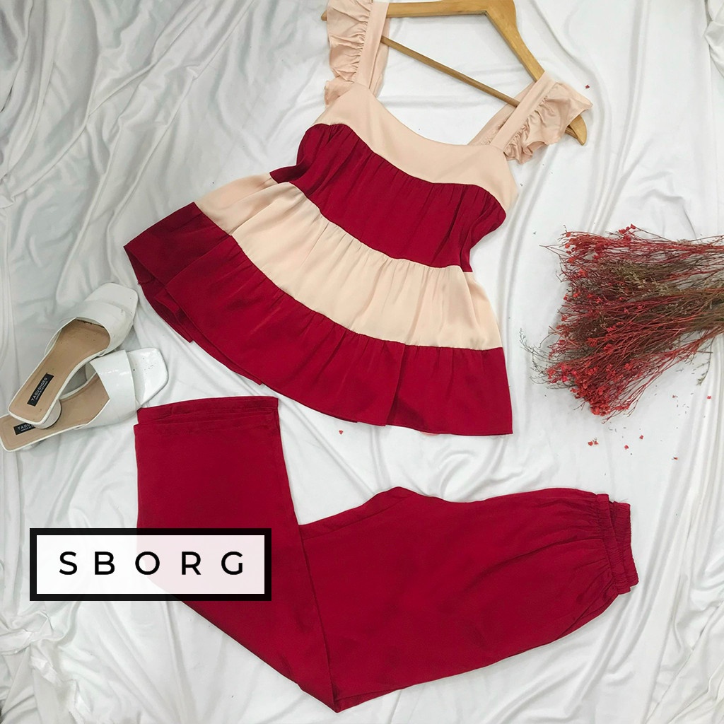 Đồ bộ mặc nhà SBORG bộ 2 dây nữ lụa latin vai tiên 3 tầng mix màu tiểu thư dễ thương phối quần dài có túi freesize 65kg