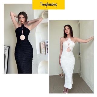 Đầm body midi cổ yếm đính hoa đan lưng cut out eo