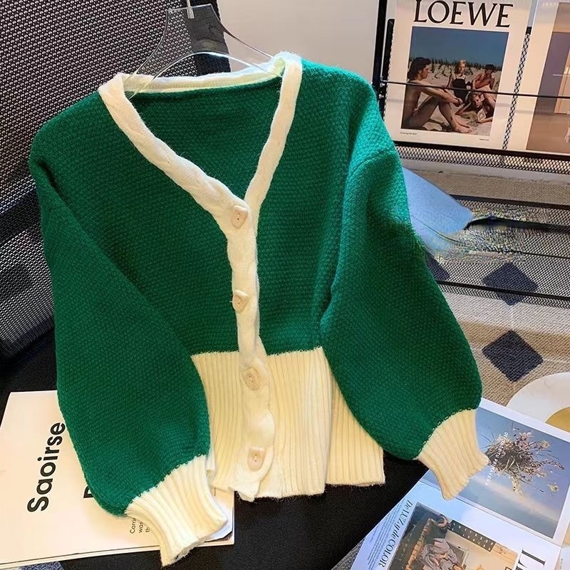 Áo Khoác cardigan Dệt Kim Cổ Chữ v Màu Sắc Tương Phản Phong Cách Hàn Quốc Thời Trang Thu Đông Cho Nữ