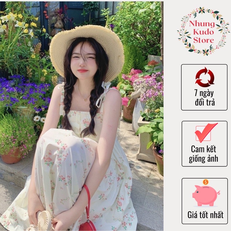 Váy maxi hai dây trắng hoạ tiết hoa hồng buộc nơ đi biển đi chơi phong cách tiểu thư mềm mịn Nhungkudo