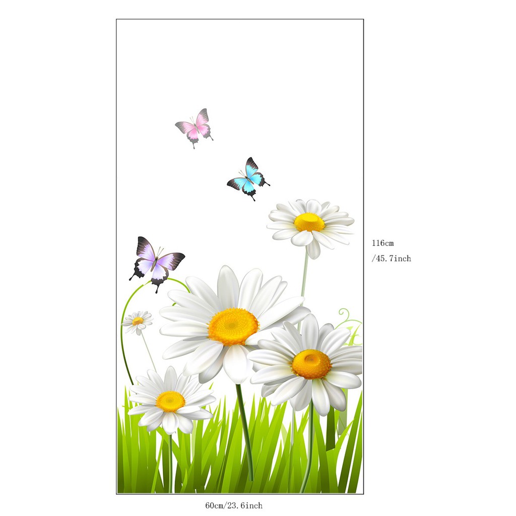 Decal dán kính cao cấp - Hoa Cúc Trắng và Bướm ( 60x116 )
