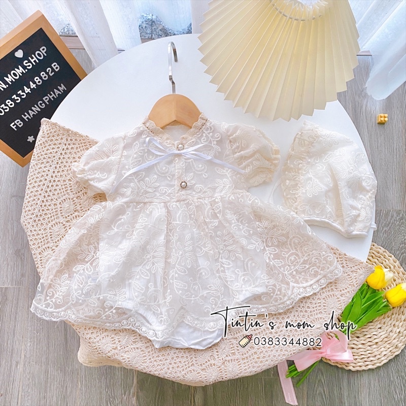 Set váy công chúa trắng thiết kế ren hoa nhí cho bé gái đầy tháng/ thôi nôi