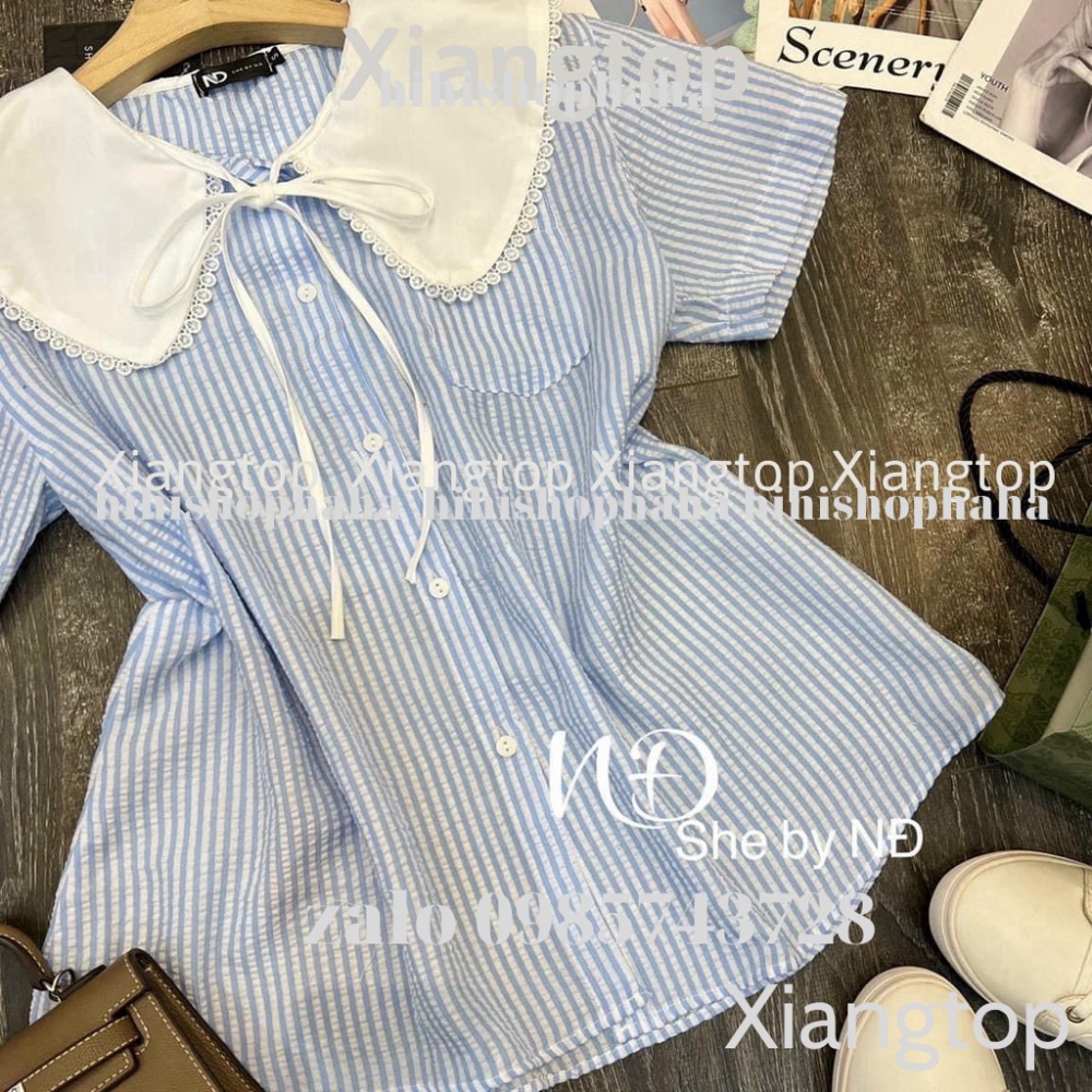 Áo sơ mi kẻ cổ bèo tiểu thư 2 màu ngắn tay kaca aosomicongsothietke vintagevn