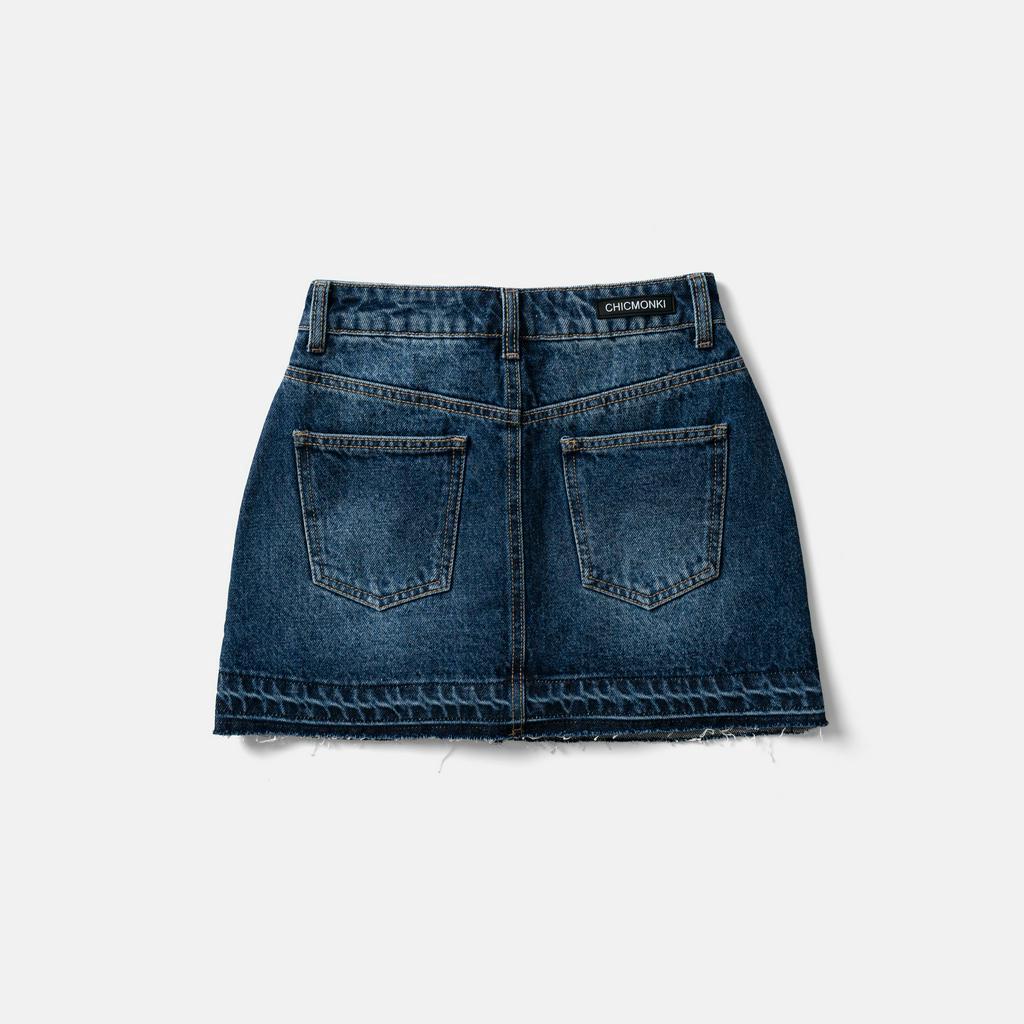 Chân váy jean CHICMONKI lai kiểu, màu xanh đậm - CMJ1545