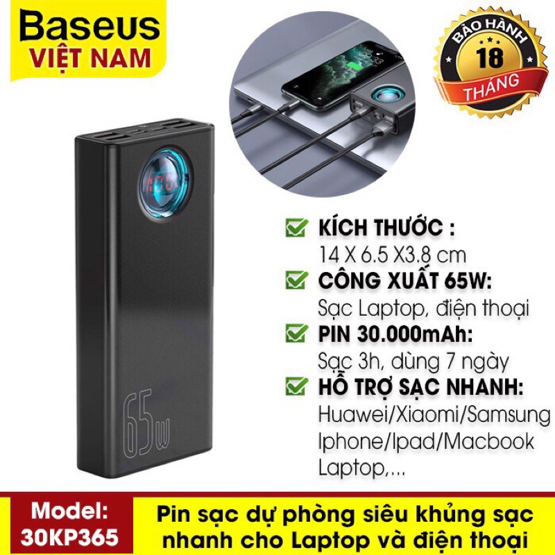 Pin Sạc Dự Phòng Baseus BS-30KP365 Dung Lượng 30000mah - 65W Sạc Nhanh QC3.0 Cho Iphone Ipad Laptop