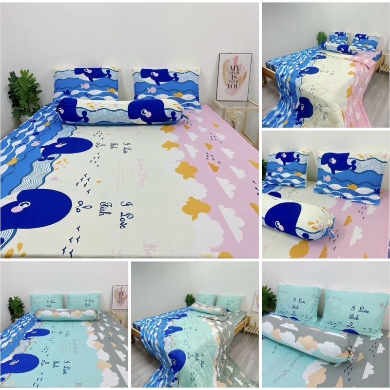 Bộ ga gối thun cá voi dễ thương cho bé, bộ drap thun Hàn mát mẻ