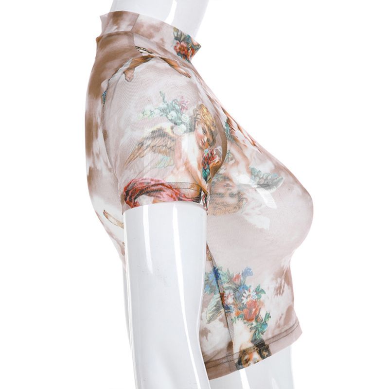 Xiangbao Áo Thun Crop Top Tay Ngắn Cổ Lọ Phối Lưới Xuyên Thấu In Hình Thiên Thần Màu Vui Nhộn Thời Trang Mùa Hè