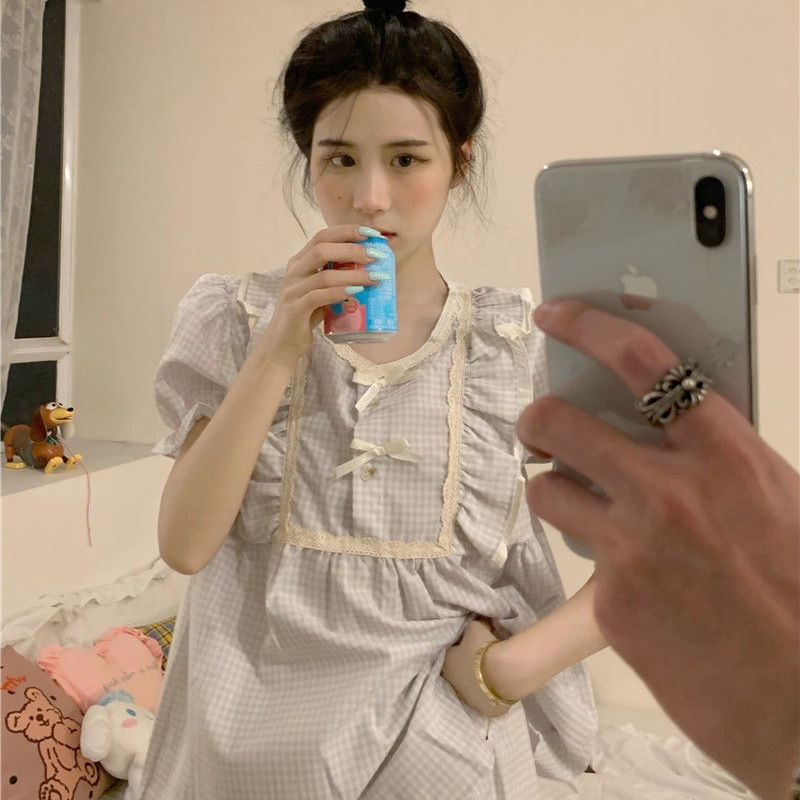 Bộ Đồ Ngủ Ngắn Tay Họa Tiết Caro Dễ Thương Dành Cho Nữ